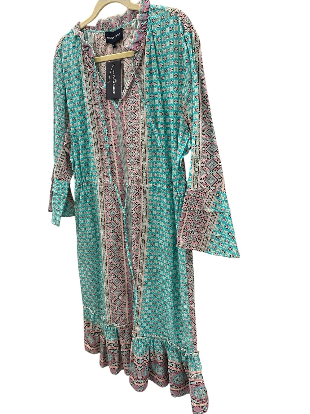 Boho Printed Turquoise & Pink Long Robe with Tie Waist